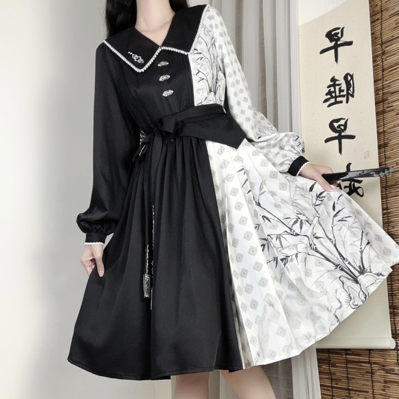 正規品デザイン墨竹白黒色合わせlolitacos要素新韓国ワンピース 正規品デザイン墨竹白黒色合わせlolitacos要素新韓国ワンピース