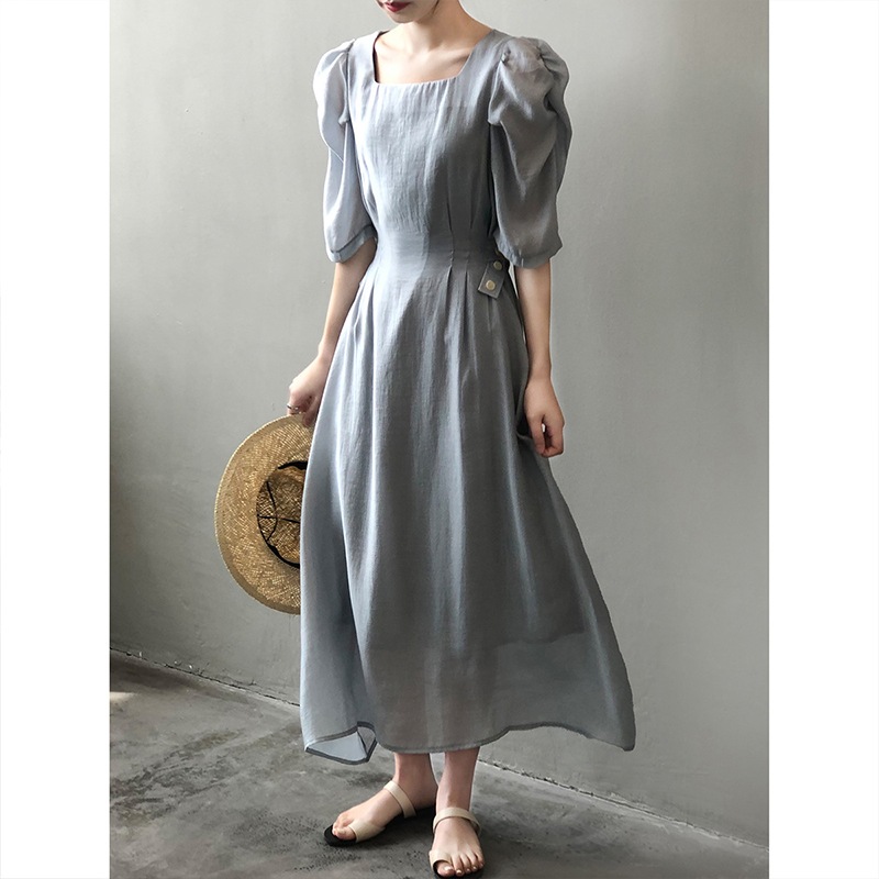 スクエアネックパフフレンチスリーブワンピース(ホワイト/グレー)お呼ばれ韓国系デートワンピ