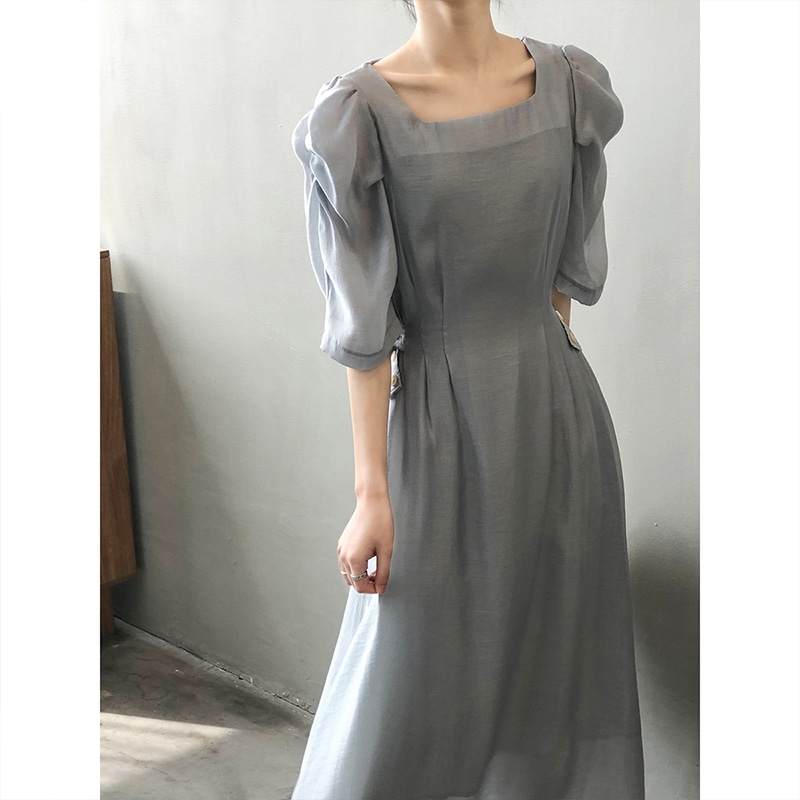 スクエアネックパフフレンチスリーブワンピース(ホワイト/グレー)お呼ばれ韓国系デートワンピ