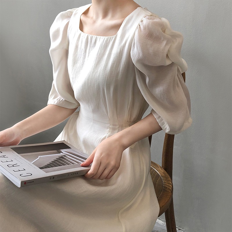 スクエアネックパフフレンチスリーブワンピース(ホワイト/グレー)お呼ばれ韓国系デートワンピ