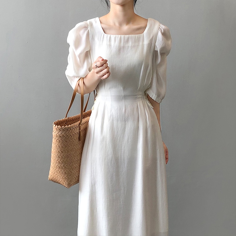 スクエアネックパフフレンチスリーブワンピース(ホワイト/グレー)お呼ばれ韓国系デートワンピ