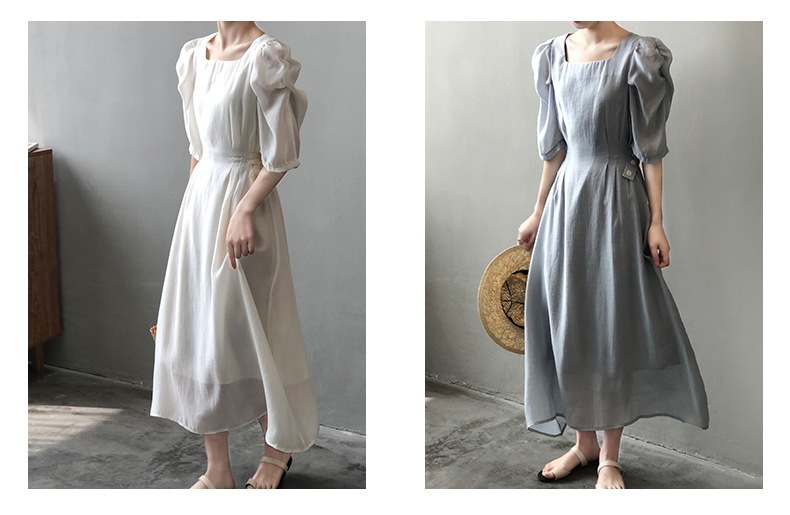 スクエアネックパフフレンチスリーブワンピース(ホワイト/グレー)お呼ばれ韓国系デートワンピ