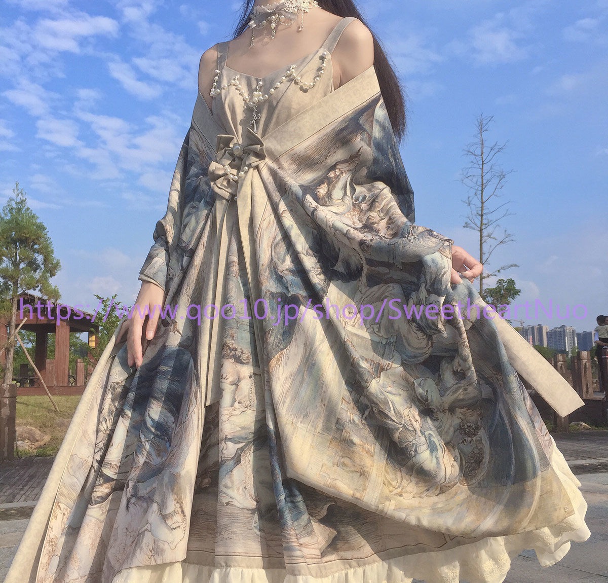 油絵柄宮廷の華やかファンタジーワンピースJSKキャミソールスカートLolitaスカート ロリスーツ ロリ可愛 メイド服 二次元 学園祭 文化祭