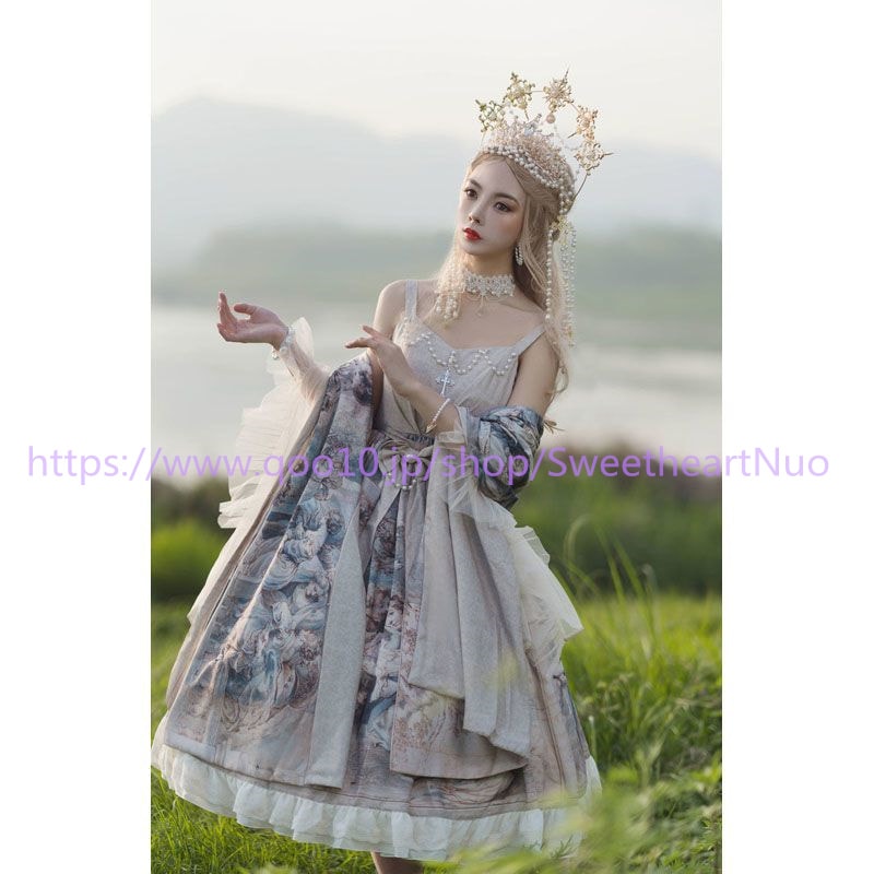 油絵柄宮廷の華やかファンタジーワンピースJSKキャミソールスカートLolitaスカート ロリスーツ ロリ可愛 メイド服 二次元 学園祭 文化祭