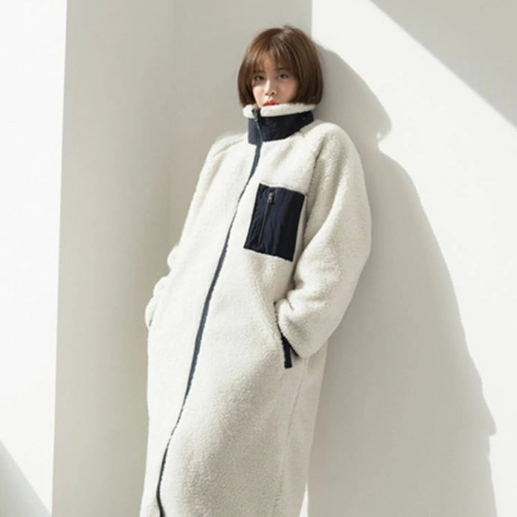 ロングボアコート ボアブルゾン 配色ロング丈 無地 ボアジャケット ハイネック ボアコート アウター フリースジャケット スタンドブルゾン もこもこ 防寒 レディース カジュアル 秋冬