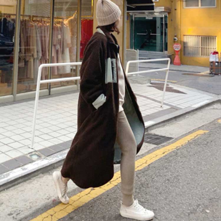 ロングボアコート ボアブルゾン 配色ロング丈 無地 ボアジャケット ハイネック ボアコート アウター フリースジャケット スタンドブルゾン もこもこ 防寒 レディース カジュアル 秋冬