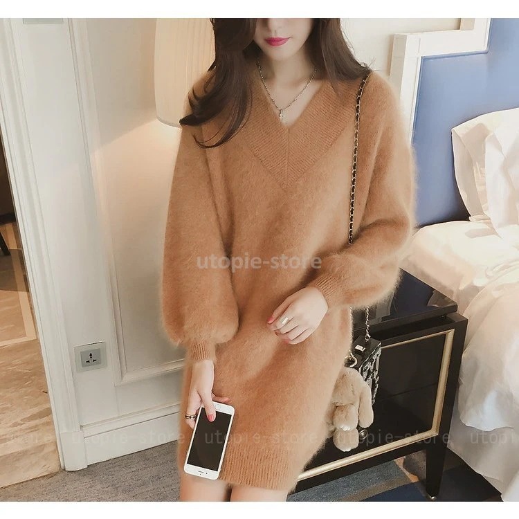 ふわふわ ニットワンピース Aライン ワンピース ショート丈 長袖 Vネック レディース 秋冬 ニットワンピ 体型カバー 通勤 レディース おしゃれ ファッション