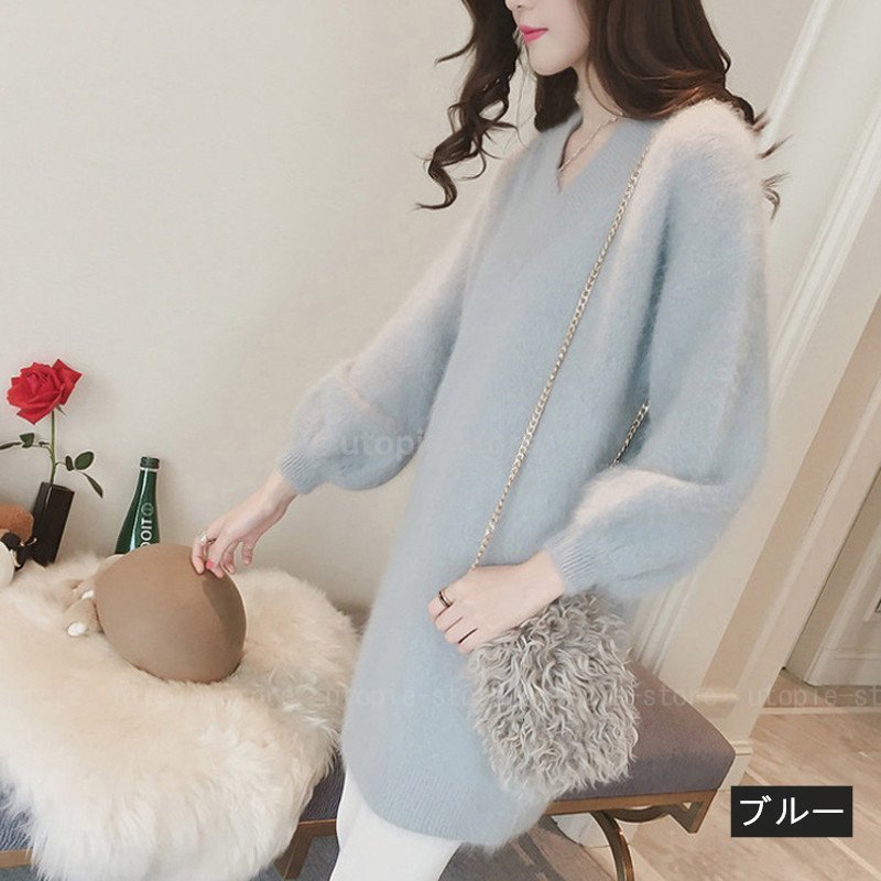 ふわふわ ニットワンピース Aライン ワンピース ショート丈 長袖 Vネック レディース 秋冬 ニットワンピ 体型カバー 通勤 レディース おしゃれ ファッション