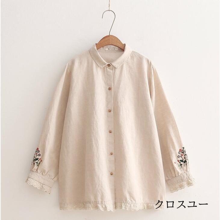 2025新品 【店長おすすめ】 リネン ブラウス レディース 長袖 シャツブラウス リネンブラウス オフィス 花刺繍 刺繍ブラウス レディース シンプル 綿麻 レース裾 新商品プロモーション，数量限