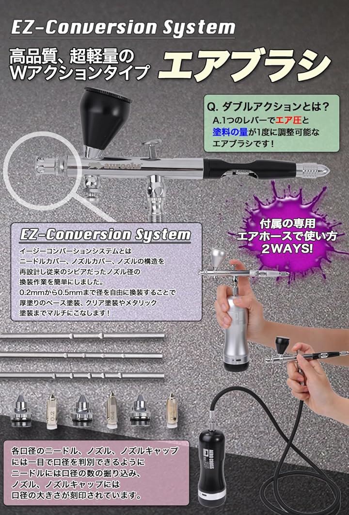 充電式 エアブラシ エアロクロス コードレス ver.3.5 ダブルアクション ハンドピース コンプレッサー USB type-C 小型 プラモ 模型 塗装 アート(ナイトブラック)