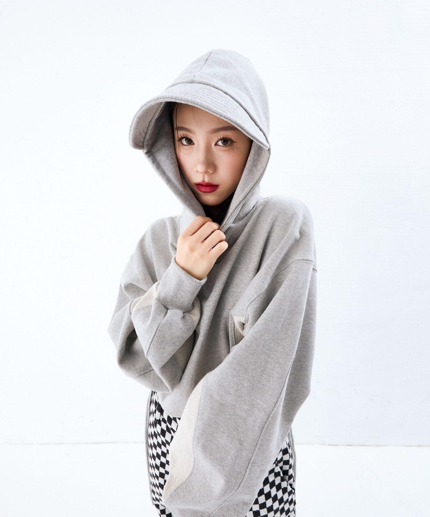 REVERSE BLOCK CAP CROP HOODIE（GRAY）/size：OS