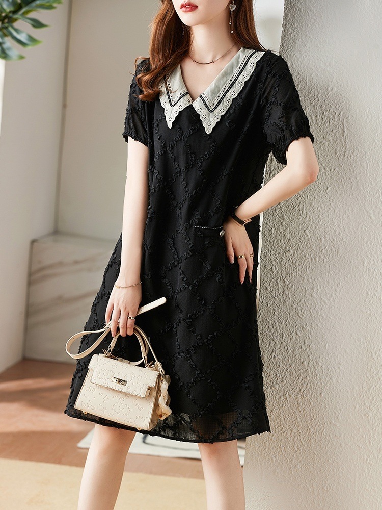 レディース ワンピース ドレス Aライン 袖あり 半袖 Vネック ポロ襟 体型カバー 無地 シンプル 大きいサイズ L XL 2XL 3XL 4XL ミディアム ミディ ひざ丈 10代