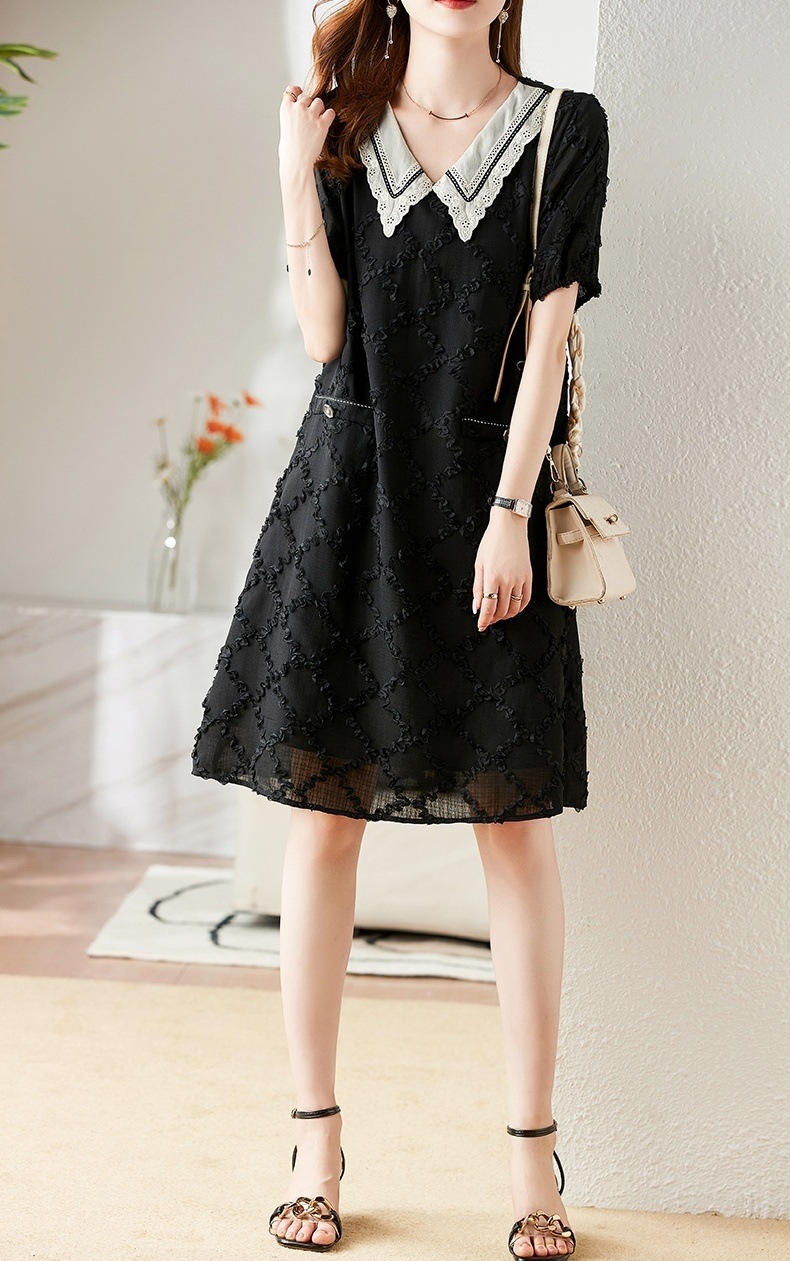 レディース ワンピース ドレス Aライン 袖あり 半袖 Vネック ポロ襟 体型カバー 無地 シンプル 大きいサイズ L XL 2XL 3XL 4XL ミディアム ミディ ひざ丈 10代