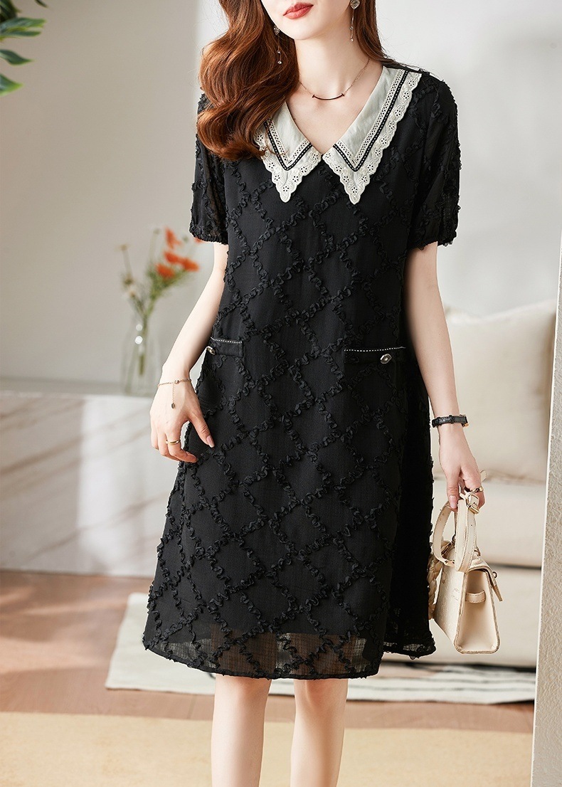 レディース ワンピース ドレス Aライン 袖あり 半袖 Vネック ポロ襟 体型カバー 無地 シンプル 大きいサイズ L XL 2XL 3XL 4XL ミディアム ミディ ひざ丈 10代