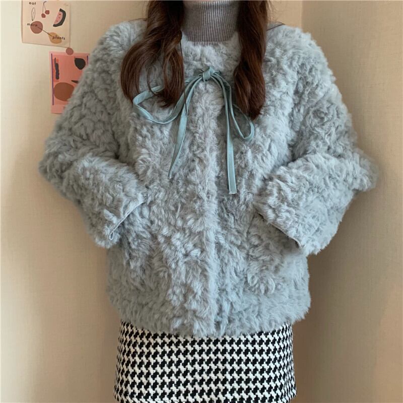 アウター ジャケット ショート丈 シングルブレスト ボタン 長袖 リボン もこもこ 厚手 ふわふわ アウター ジャケット ショート丈 シングルブレスト ボタン 長袖 リボン もこもこ 厚手 ふわふわ