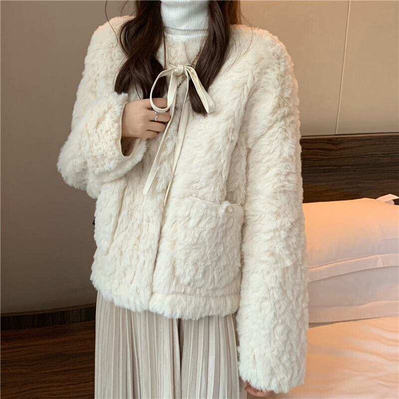 アウター ジャケット ショート丈 シングルブレスト ボタン 長袖 リボン もこもこ 厚手 ふわふわ アウター ジャケット ショート丈 シングルブレスト ボタン 長袖 リボン もこもこ 厚手 ふわふわ