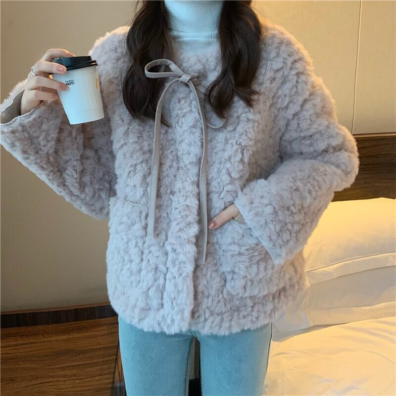 アウター ジャケット ショート丈 シングルブレスト ボタン 長袖 リボン もこもこ 厚手 ふわふわ アウター ジャケット ショート丈 シングルブレスト ボタン 長袖 リボン もこもこ 厚手 ふわふわ