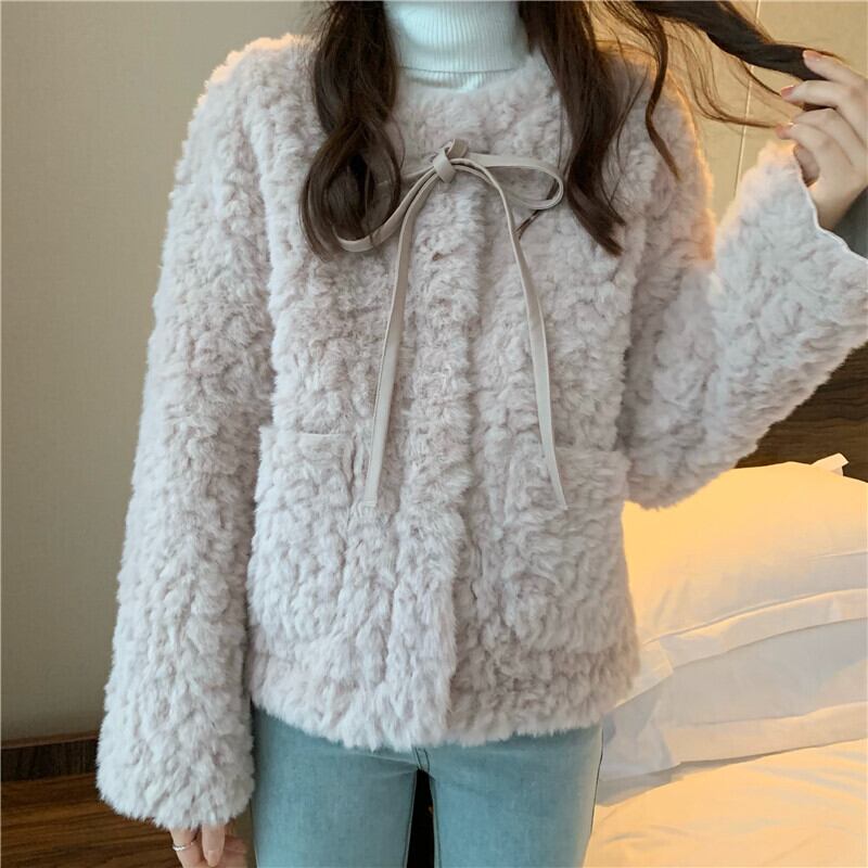 アウター ジャケット ショート丈 シングルブレスト ボタン 長袖 リボン もこもこ 厚手 ふわふわ アウター ジャケット ショート丈 シングルブレスト ボタン 長袖 リボン もこもこ 厚手 ふわふわ