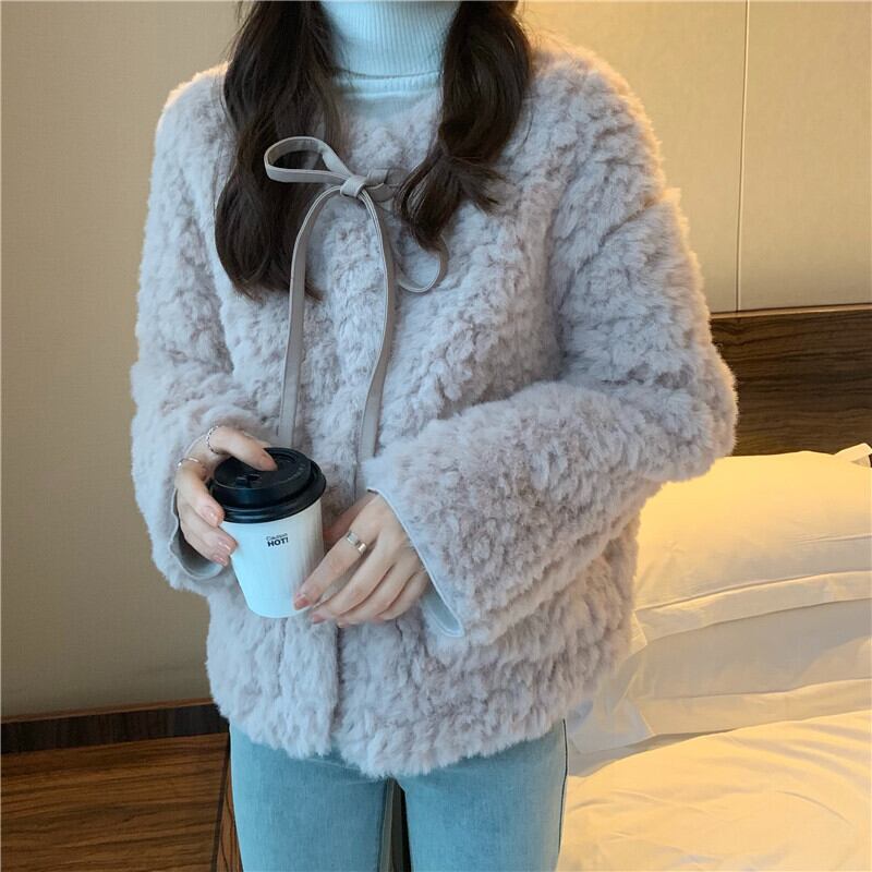 アウター ジャケット ショート丈 シングルブレスト ボタン 長袖 リボン もこもこ 厚手 ふわふわ アウター ジャケット ショート丈 シングルブレスト ボタン 長袖 リボン もこもこ 厚手 ふわふわ