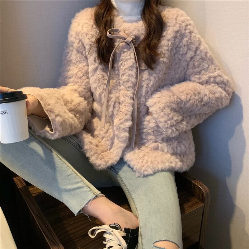 アウター ジャケット ショート丈 シングルブレスト ボタン 長袖 リボン もこもこ 厚手 ふわふわ アウター ジャケット ショート丈 シングルブレスト ボタン 長袖 リボン もこもこ 厚手 ふわふわ