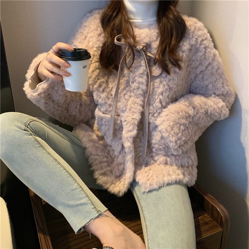 アウター ジャケット ショート丈 シングルブレスト ボタン 長袖 リボン もこもこ 厚手 ふわふわ アウター ジャケット ショート丈 シングルブレスト ボタン 長袖 リボン もこもこ 厚手 ふわふわ