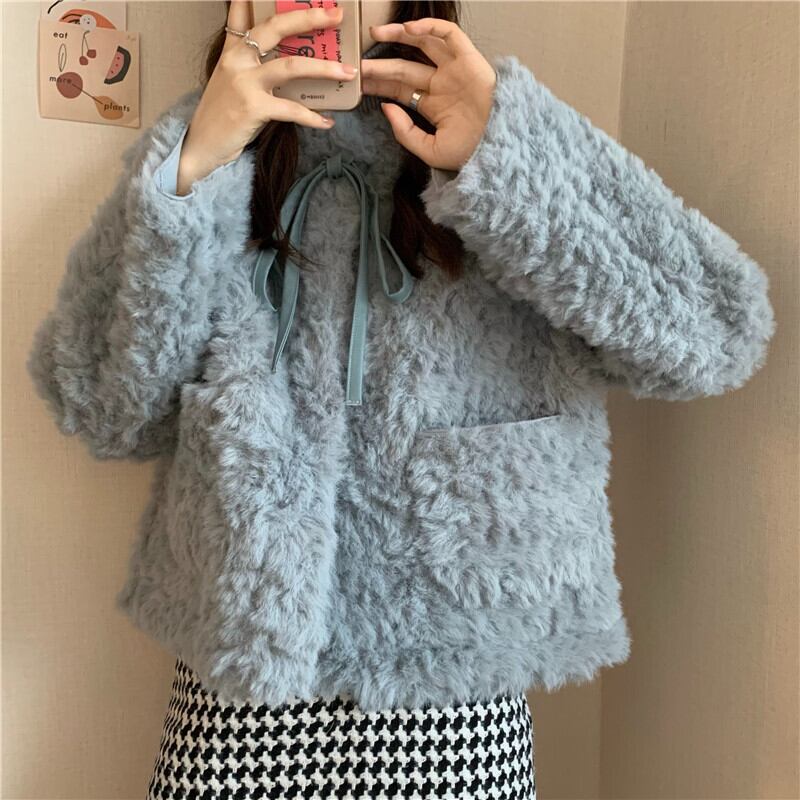 アウター ジャケット ショート丈 シングルブレスト ボタン 長袖 リボン もこもこ 厚手 ふわふわ アウター ジャケット ショート丈 シングルブレスト ボタン 長袖 リボン もこもこ 厚手 ふわふわ