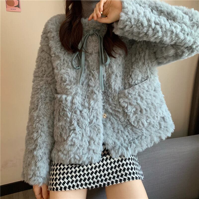 アウター ジャケット ショート丈 シングルブレスト ボタン 長袖 リボン もこもこ 厚手 ふわふわ アウター ジャケット ショート丈 シングルブレスト ボタン 長袖 リボン もこもこ 厚手 ふわふわ