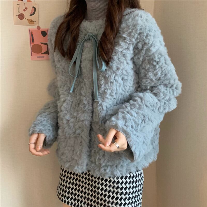 アウター ジャケット ショート丈 シングルブレスト ボタン 長袖 リボン もこもこ 厚手 ふわふわ アウター ジャケット ショート丈 シングルブレスト ボタン 長袖 リボン もこもこ 厚手 ふわふわ