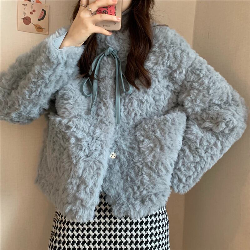 アウター ジャケット ショート丈 シングルブレスト ボタン 長袖 リボン もこもこ 厚手 ふわふわ アウター ジャケット ショート丈 シングルブレスト ボタン 長袖 リボン もこもこ 厚手 ふわふわ