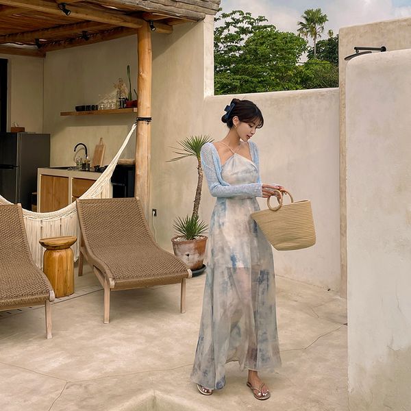 (Vivarup) 水彩ビーチドレス OP19922F ホルターネックスリットスプリットウォータープリントシフォンドレスリゾートバケーション