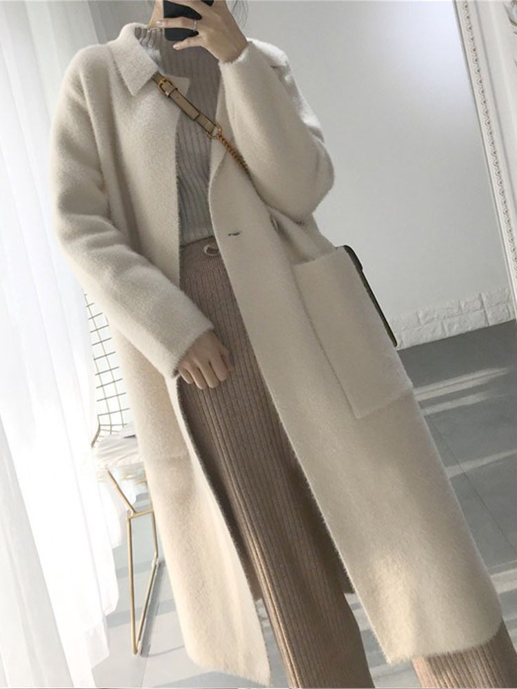 レディース ニット カーディガン コート アウター 上着 羽織 コーディガン ロング 長袖 ボリューム袖 ワイド ストレート Iライン オーバーサイズ スマート ポケット 前開き 厚手 おしゃれ