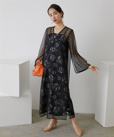 ドレス 結婚式・パーティー・オケージョンドレス チュール使いフラワープリントワンピースドレスCallarus