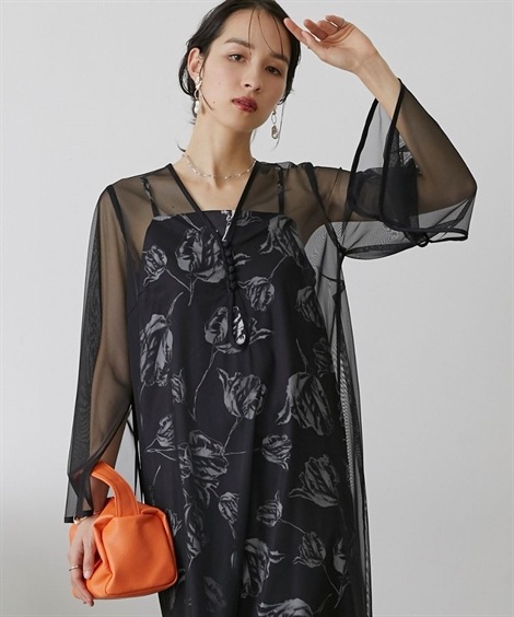 ドレス 結婚式・パーティー・オケージョンドレス チュール使いフラワープリントワンピースドレスCallarus