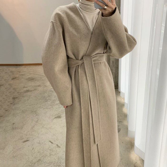 【 2021年 秋冬 2color ノーカラー オープン ベルト ロング コート 【 2021年 秋冬 2color ノーカラー オープン ベルト ロング コート