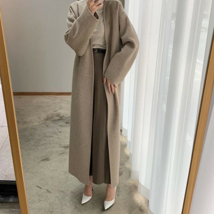 【 2021年 秋冬 2color ノーカラー オープン ベルト ロング コート 【 2021年 秋冬 2color ノーカラー オープン ベルト ロング コート