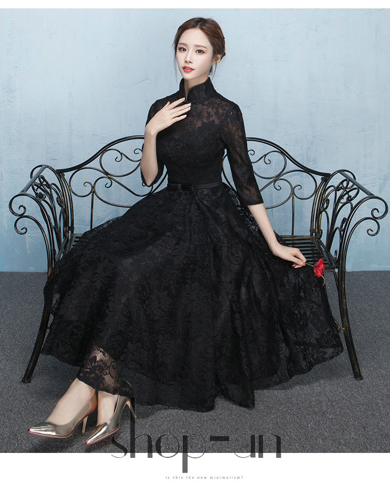 パーティードレス チャイナドレス ワンピース 袖付き 立ち襟 イブニングドレス 黒 レディース ウエディング 披露宴 結婚式 二次会 ロングドレス ミモレ丈 衣装 イベント 可愛い きれいめ フォーマ