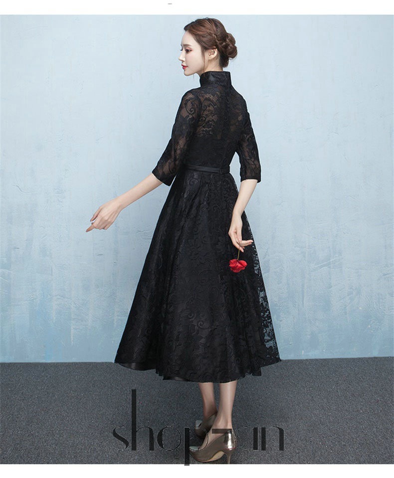 パーティードレス チャイナドレス ワンピース 袖付き 立ち襟 イブニングドレス 黒 レディース ウエディング 披露宴 結婚式 二次会 ロングドレス ミモレ丈 衣装 イベント 可愛い きれいめ フォーマ