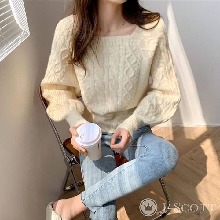 ニット レディース セーター プルオーバー ケーブル編み スクエアネック パフスリーブ ショート丈 カジュアル モード らくちん デート シルエット 体型カバー(アイボリー, L)