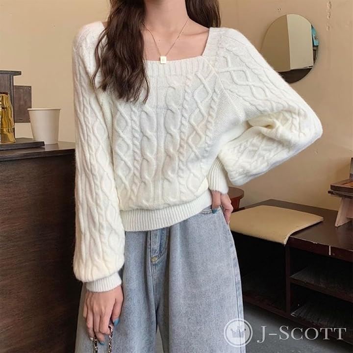 ニット レディース セーター プルオーバー ケーブル編み スクエアネック パフスリーブ ショート丈 カジュアル モード らくちん デート シルエット 体型カバー(アイボリー, L)