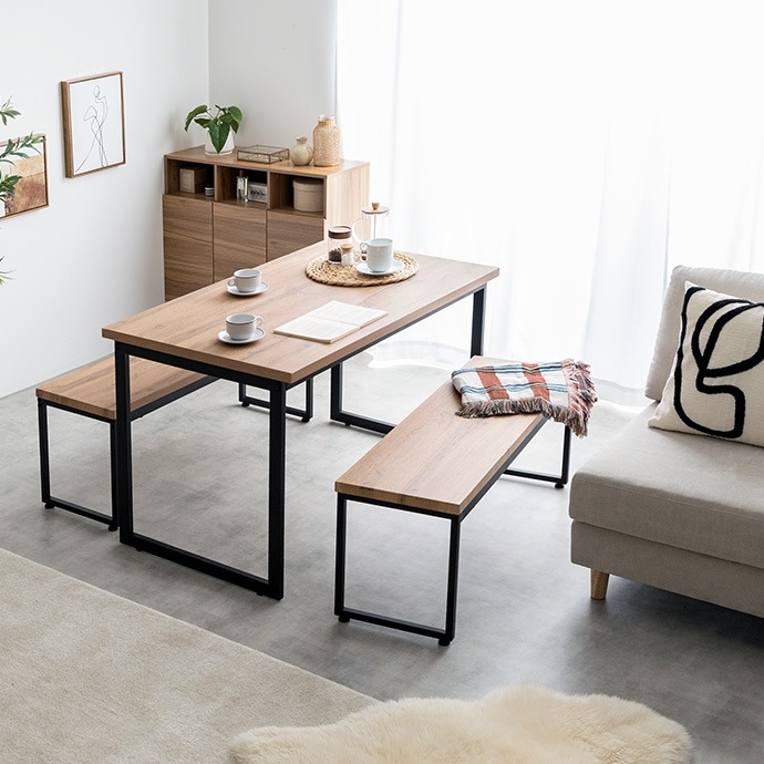 ダイニングテーブル+ ベンチ2台 幅110cm ナチュラルヴィンテージ 省スペース設計