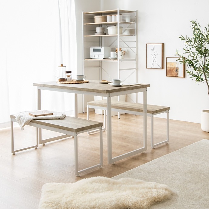 ダイニングテーブル+ ベンチ2台 幅110cm ナチュラルヴィンテージ 省スペース設計