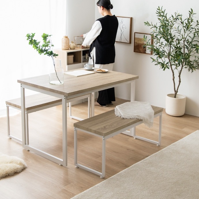 ダイニングテーブル+ ベンチ2台 幅110cm ナチュラルヴィンテージ 省スペース設計