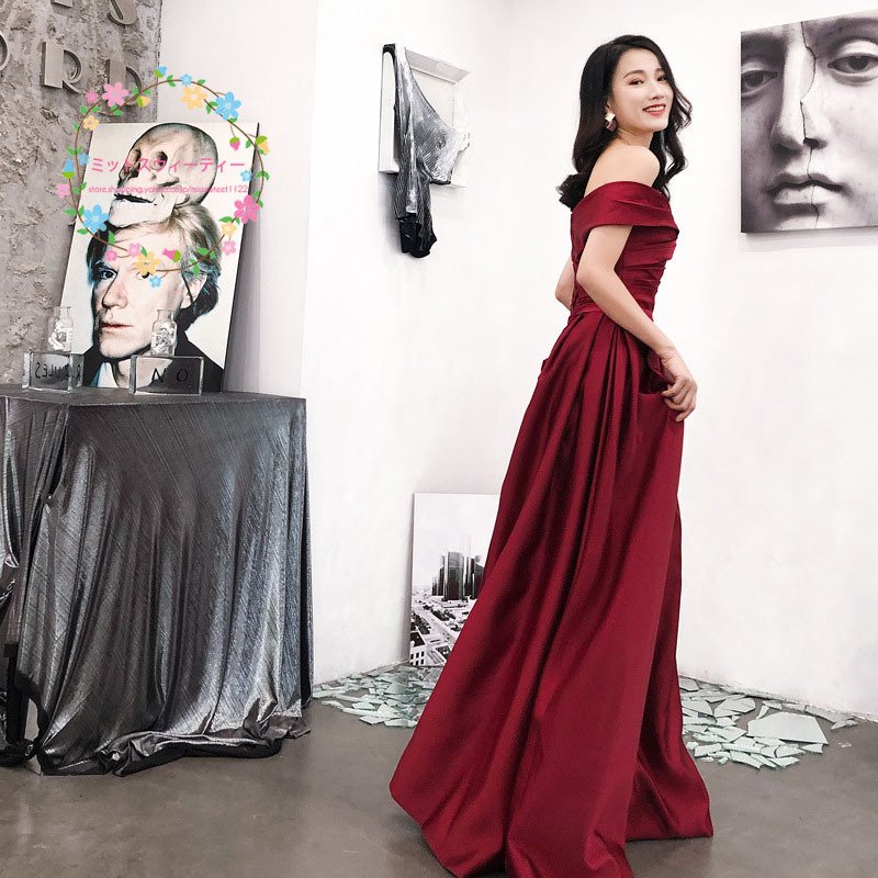 カラードレス 花嫁 オフショルダー イブニングドレス 赤 ワイン ロング パーティードレス 発表会 カラードレス 花嫁 オフショルダー イブニングドレス 赤 ワイン ロング パーティードレス 発表会