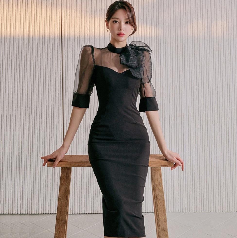 タイトワンピース シアー パフスリーブ シースルー 透け感 韓国 レディース オルチャン 膝丈 半袖 ハイネック スリム タイト 細身 切り替えデザイン ドッキング 胸元 リボン