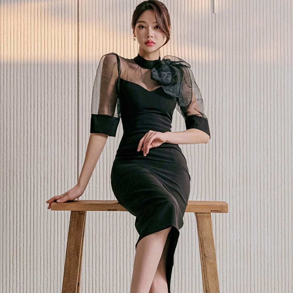 タイトワンピース シアー パフスリーブ シースルー 透け感 韓国 レディース オルチャン 膝丈 半袖 ハイネック スリム タイト 細身 切り替えデザイン ドッキング 胸元 リボン