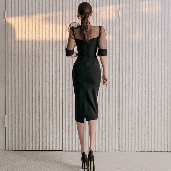 タイトワンピース シアー パフスリーブ シースルー 透け感 韓国 レディース オルチャン 膝丈 半袖 ハイネック スリム タイト 細身 切り替えデザイン ドッキング 胸元 リボン