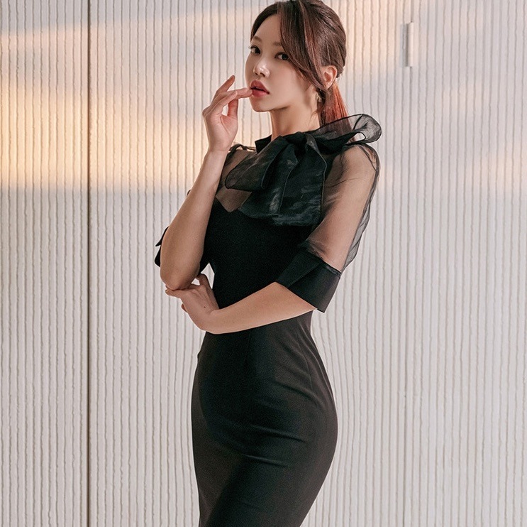 タイトワンピース シアー パフスリーブ シースルー 透け感 韓国 レディース オルチャン 膝丈 半袖 ハイネック スリム タイト 細身 切り替えデザイン ドッキング 胸元 リボン