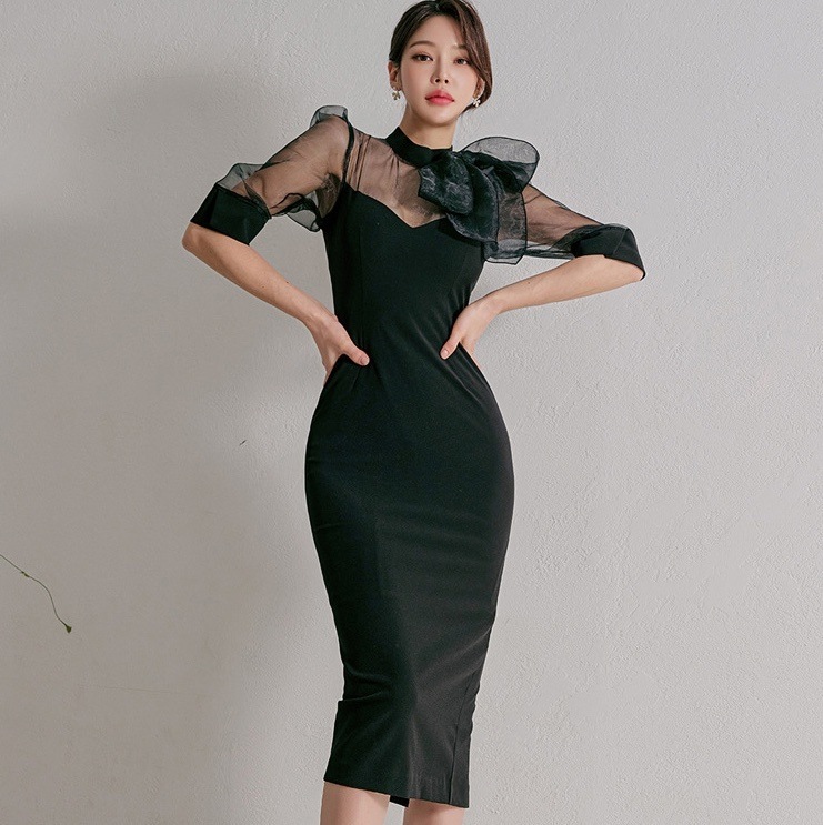 タイトワンピース シアー パフスリーブ シースルー 透け感 韓国 レディース オルチャン 膝丈 半袖 ハイネック スリム タイト 細身 切り替えデザイン ドッキング 胸元 リボン
