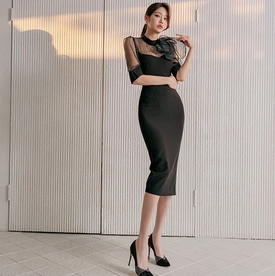 タイトワンピース シアー パフスリーブ シースルー 透け感 韓国 レディース オルチャン 膝丈 半袖 ハイネック スリム タイト 細身 切り替えデザイン ドッキング 胸元 リボン