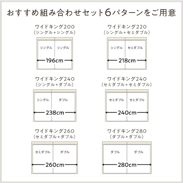 ベッド ワイドキング 200（S+S） 2層ポケットコイルマットレス付き ストーングレー 連結 高さ調整可 棚付 コンセント付 すのこ